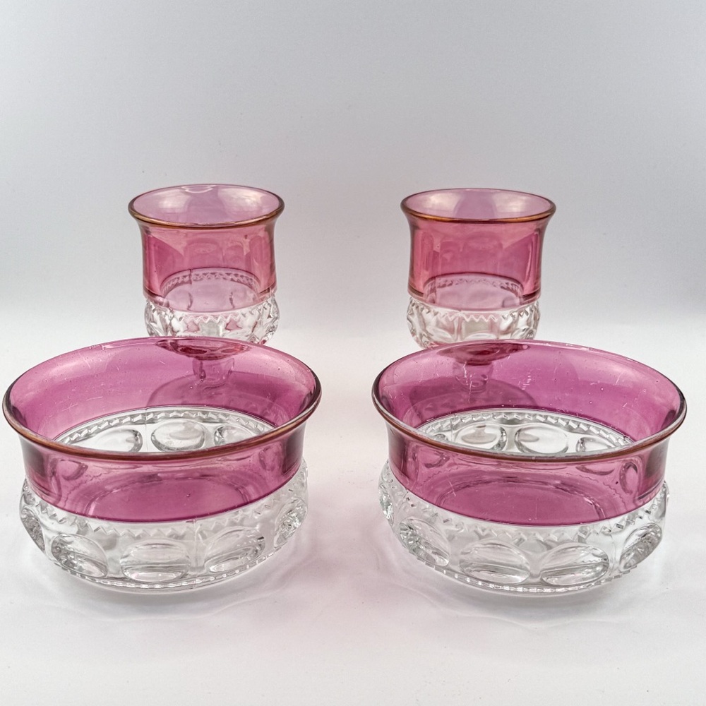 Vintage Cranberry Flash Glass Bowls & Goblets Indiana Glass Thumbprint Set of 4